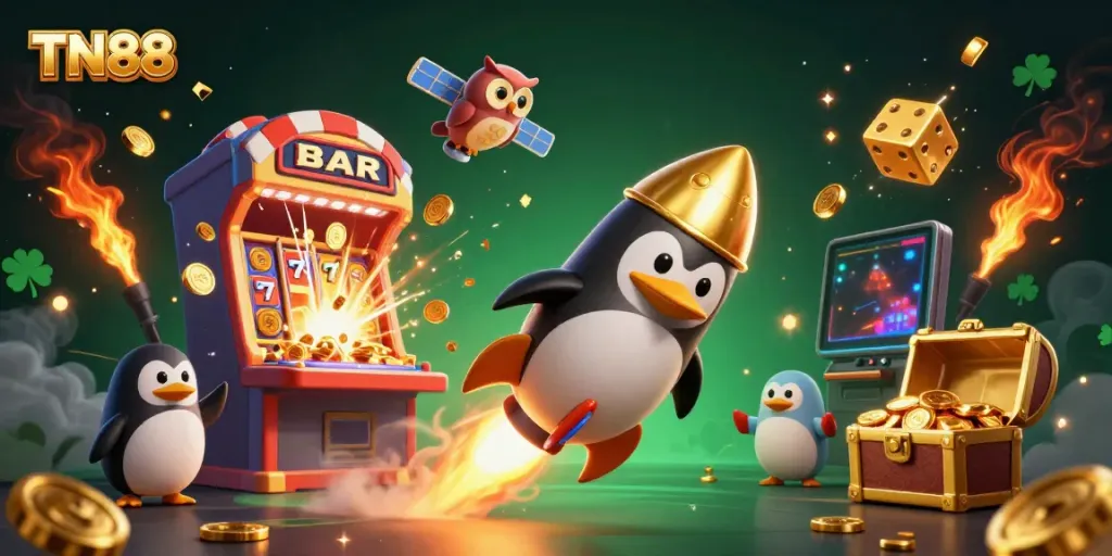 Experience TN88 casino thrills with a golden penguin and vibrant gaming elements in this dynamic illustration.