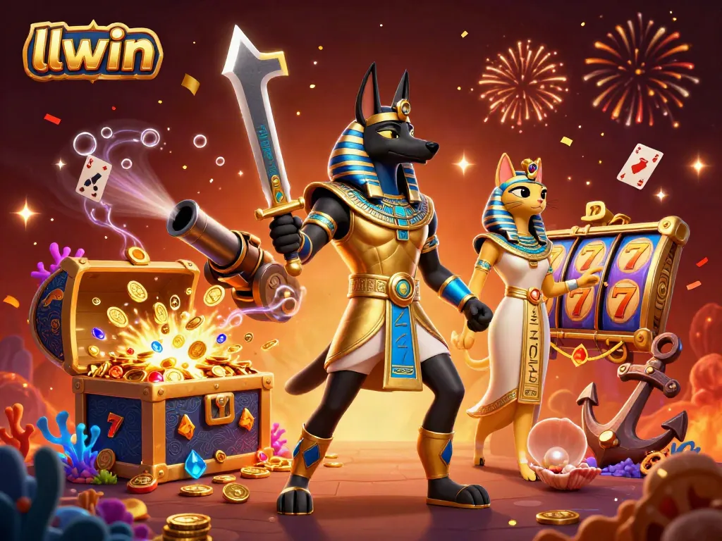 llwin offers vibrant casinos, featuring Anubis and Bastet amid treasures and animated gameplay elements.