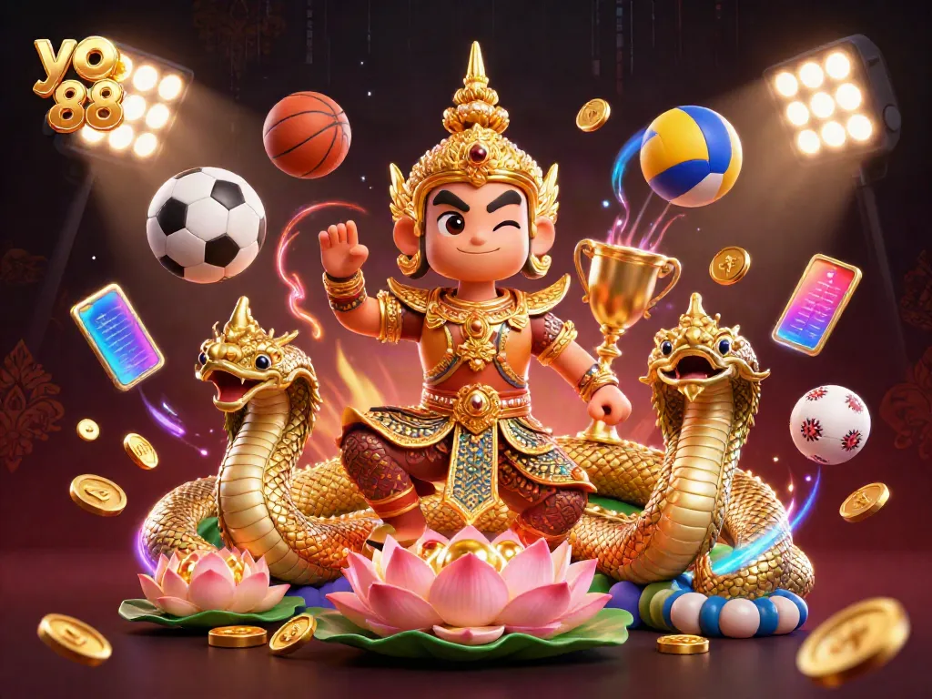 Experience the thrill of yo 88 with vibrant casino elements and 3D characters in a dynamic illustration.