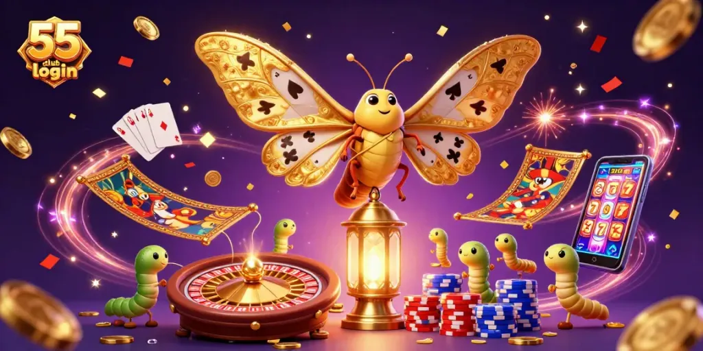 Experience the excitement of 55 club login with vibrant casino elements and a majestic moth.