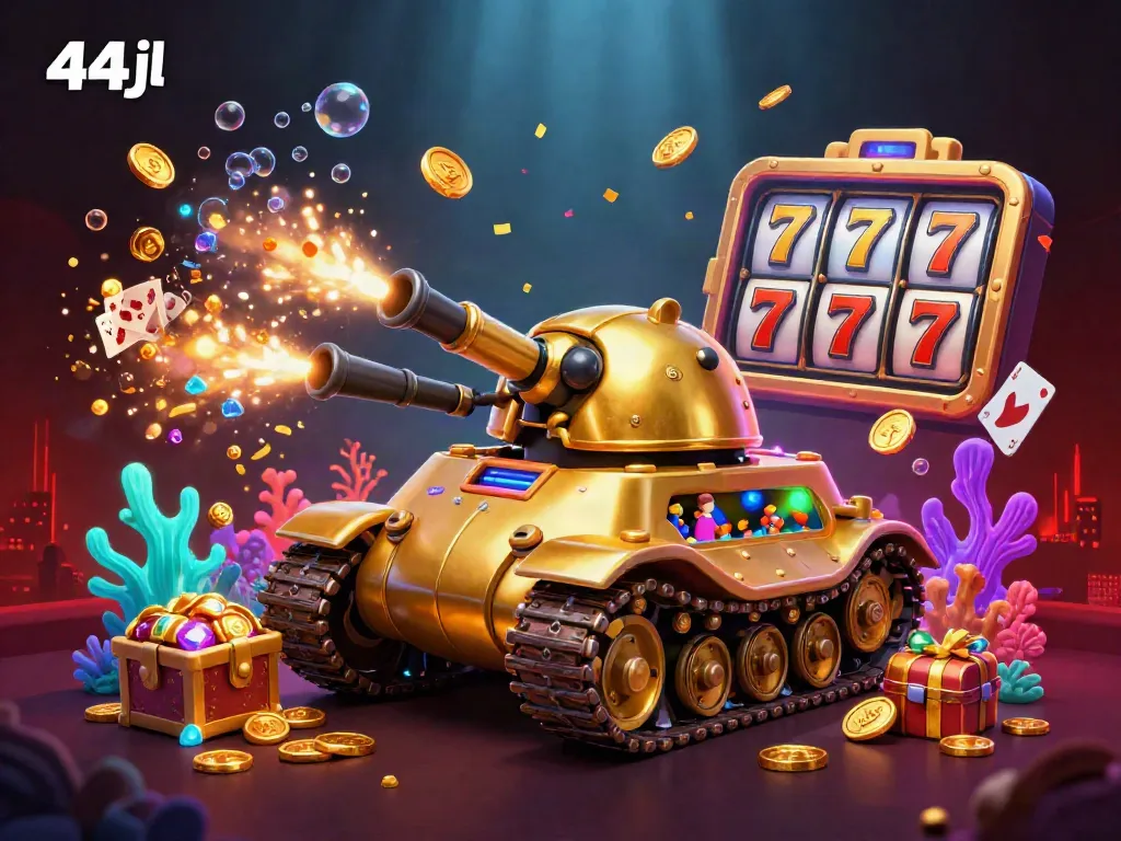 Experience the fun of 44jl casino with interactive games and vibrant treasures in this 3D illustration.