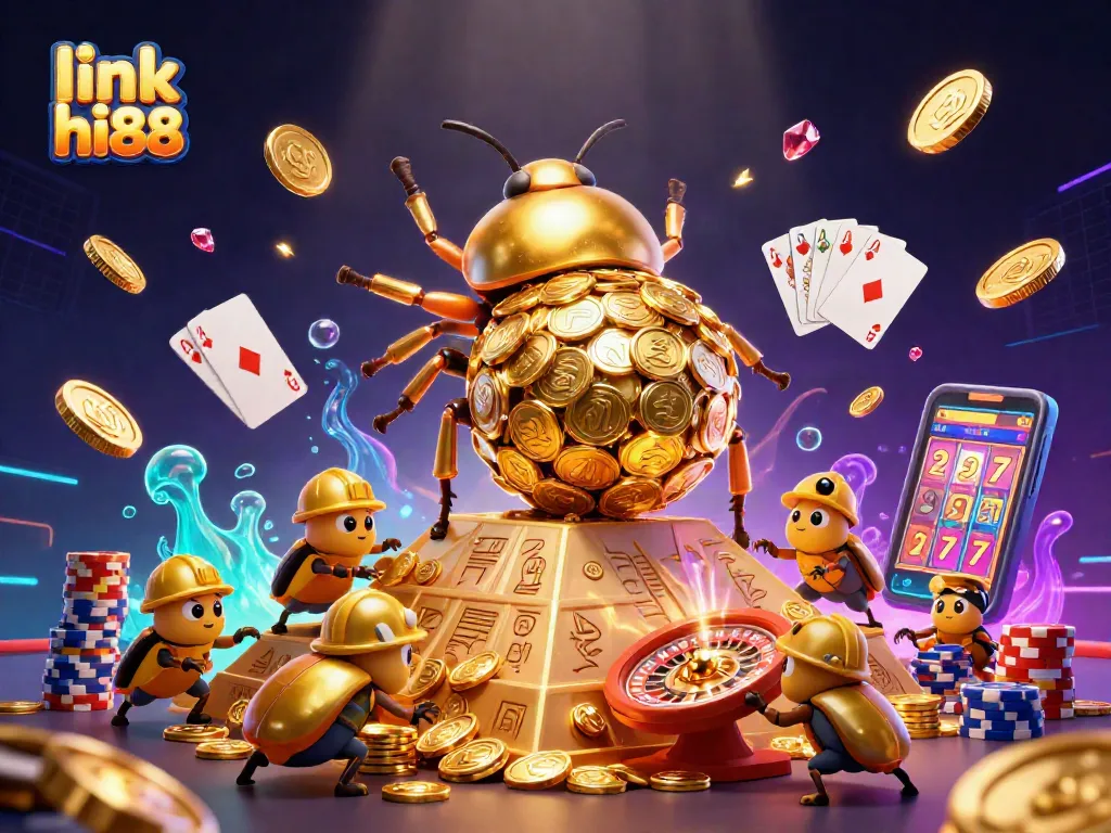 Spin the reels at link hi88, featuring a golden dung beetle amidst casino treasures.