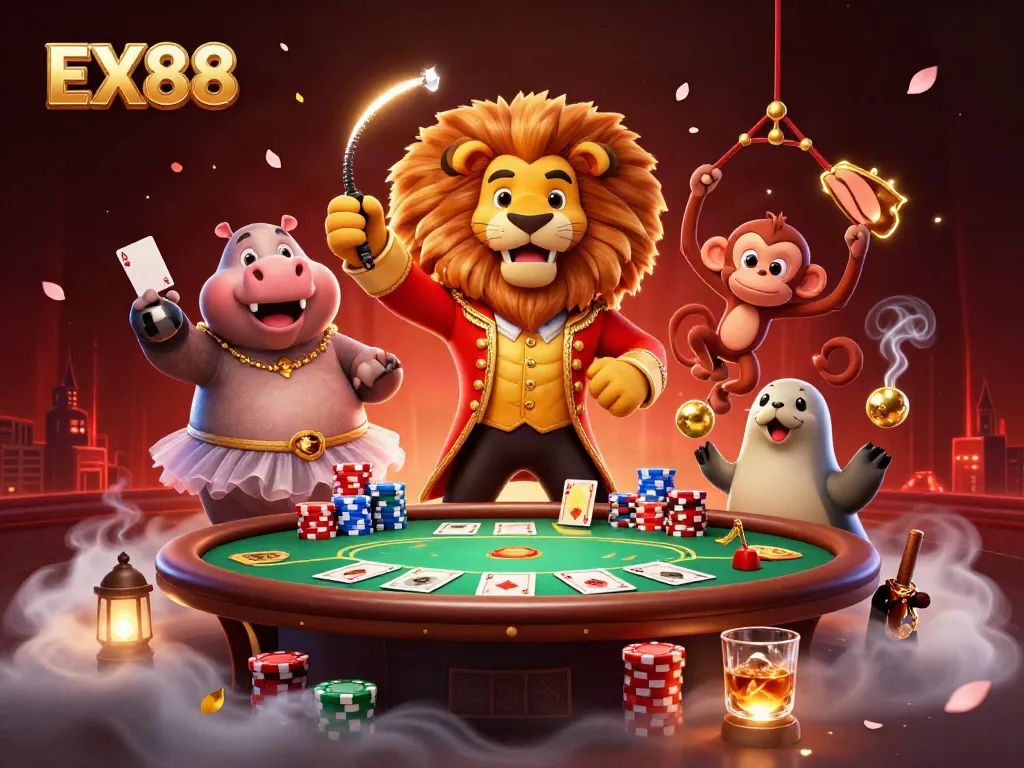 Join the circus gameplay with EX88's vibrant poker scene packed with colorful characters and casino elements.