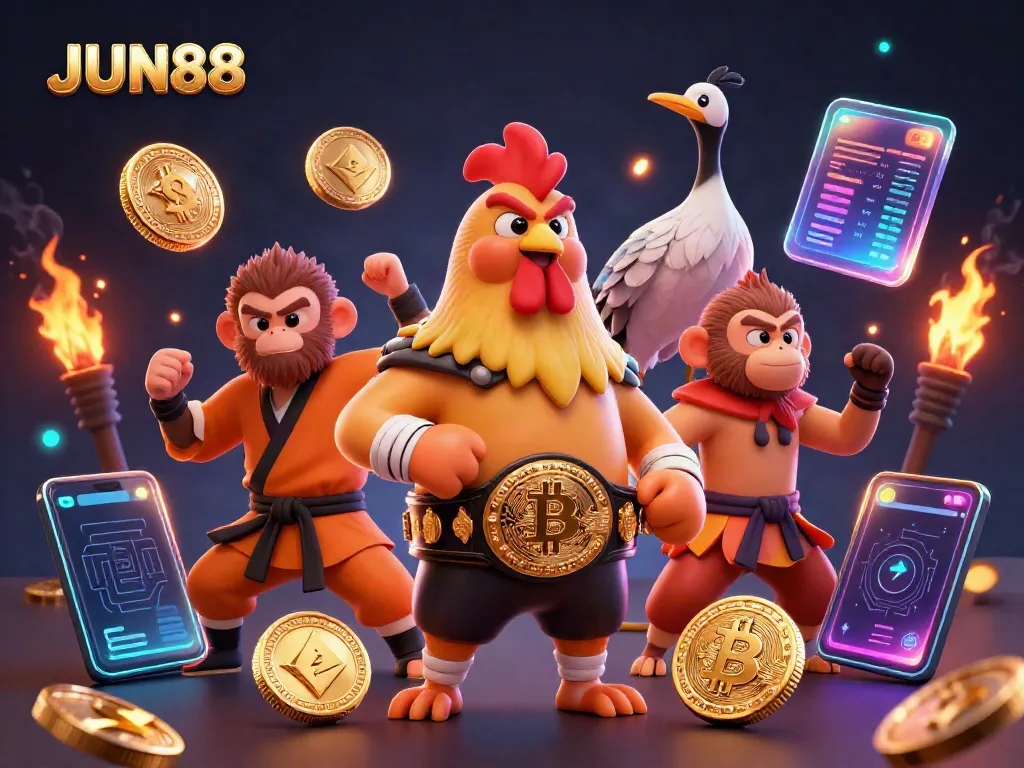 Experience thrilling gameplay at JUN88 with a dynamic illustration featuring a fierce Muay Thai rooster and a Shaolin monkey.