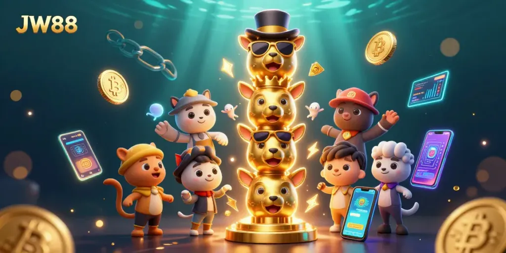 Engage with the vibrant JW88 casino scene featuring animated animal faces and digital gaming elements.
