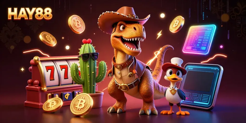 Engage with HAY88's vibrant gaming experience featuring a T-Rex cowboy, slots, and neon crypto elements.