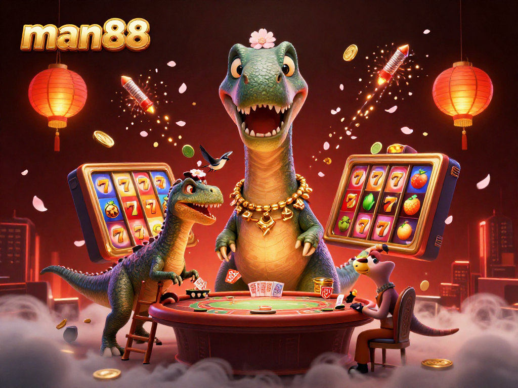 Engage with thrilling casino action at man88, featuring a dinosaur-themed poker scene with dynamic elements.