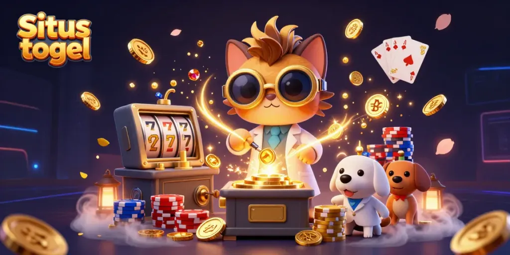 Engage in Situs togel with a 3D mad scientist cat creating gold coins amid dynamic casino elements.