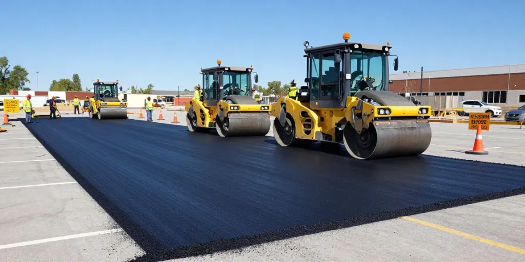 Workers from Edmonton paving company laying asphalt on a parking lot
