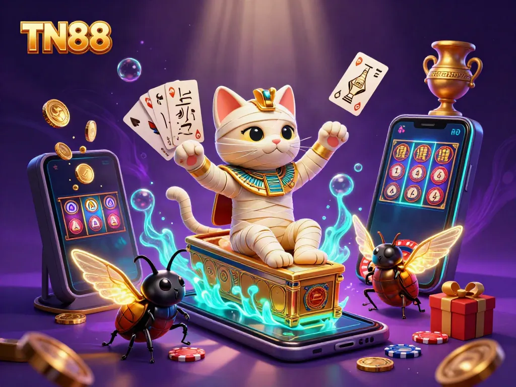 Experience gaming thrills with TN88's vibrant casino atmosphere, featuring a mummy cat and scarab in a pyramid.
