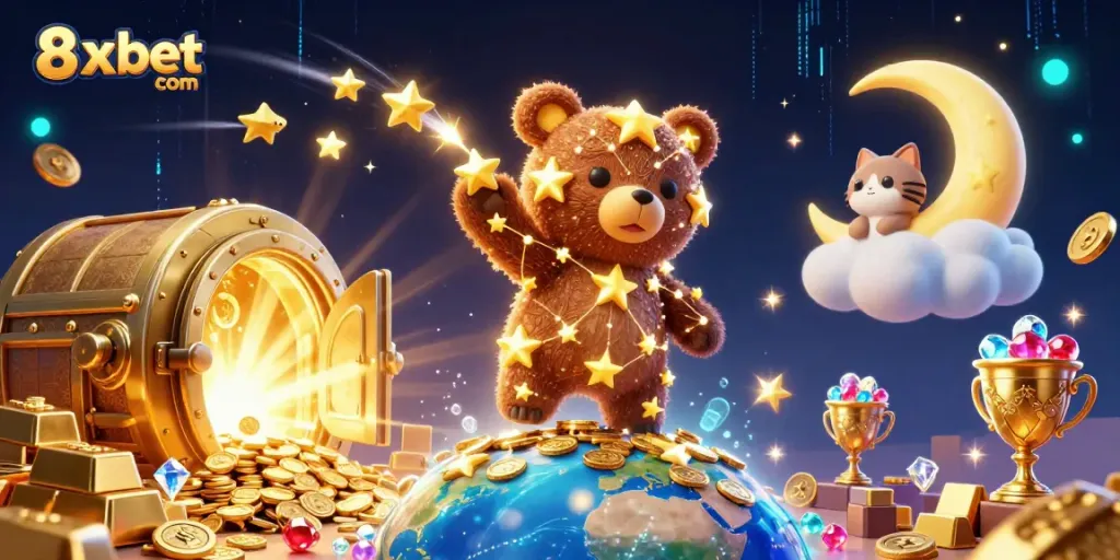 Experience excitement with 8xbet com as the constellation bear collects coins amidst treasures and magical elements.