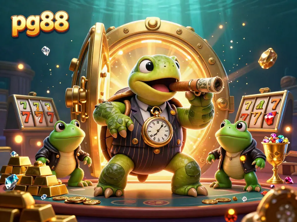 Experience excitement with pg88 as a cartoon turtle and bullfrogs celebrate jackpot winnings in a dazzling casino.