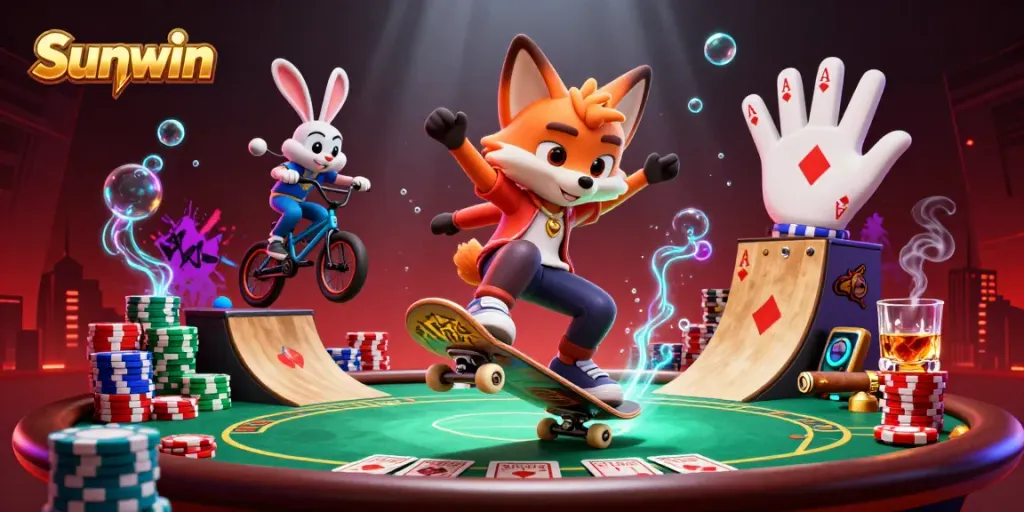 Experience thrilling gaming with Sunwin featuring lively fox and rabbit characters in a vibrant casino setting.