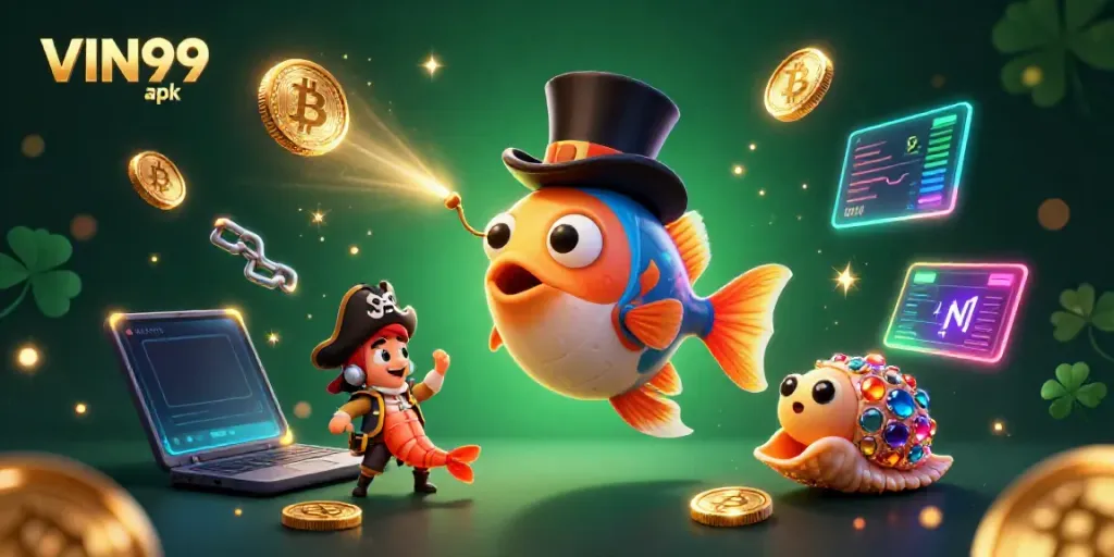 Experience the thrill of gaming with VIN99 apk featuring dynamic animated sea creatures attracting golden coins in a vibrant casino scene.