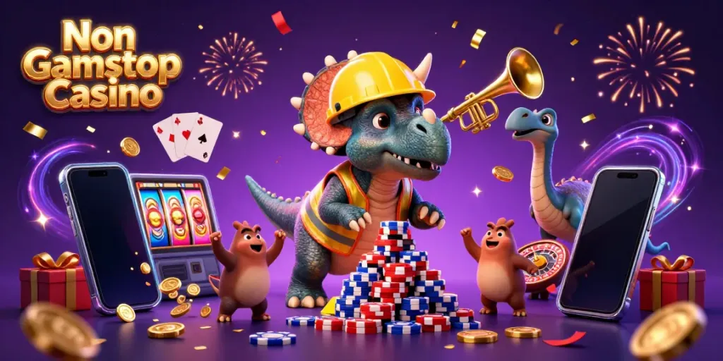Celebrate wins at Non Gamstop Casino with lively characters and vibrant game elements in 3D illustration.
