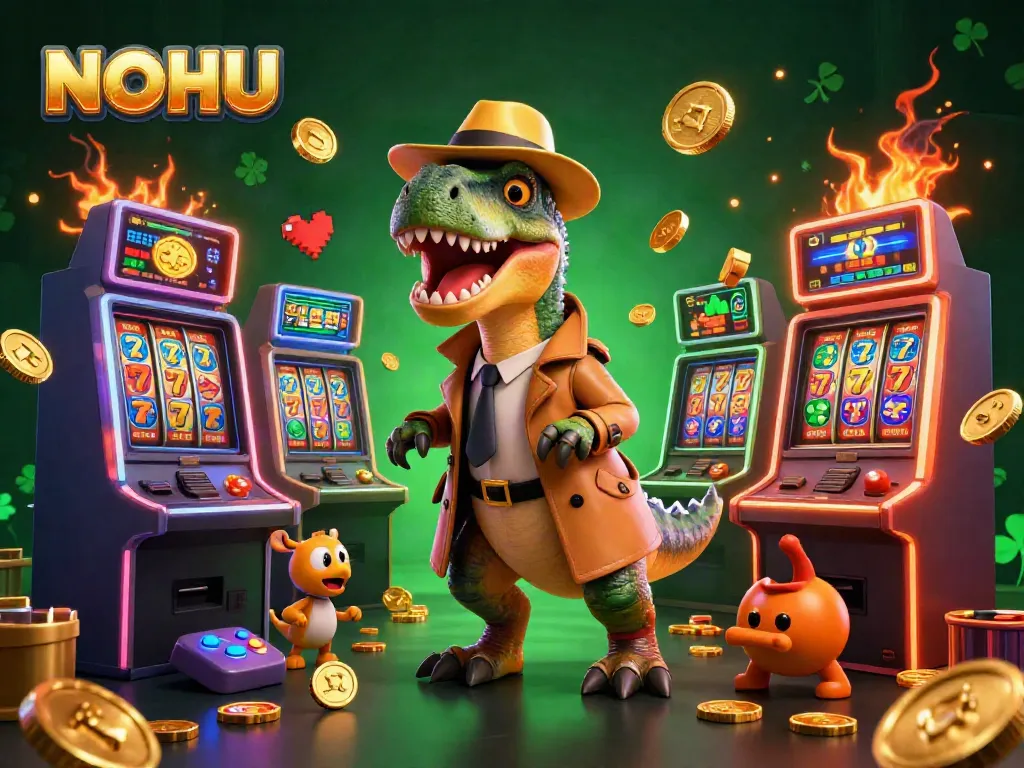 Experience the excitement at NOHU with a playful 3D velociraptor trying to score big by the slots while keeping an eye out.