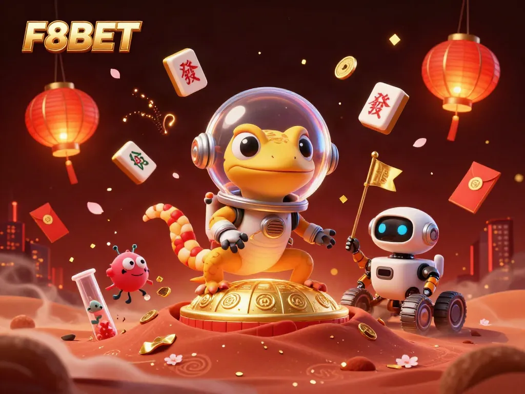 Experience the excitement of F8BET with a Martian gecko discovering a majestic casino on Mars.