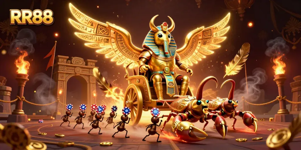 Experience thrilling RR88 adventures with a grand golden scarab and scorpion chariot in this vibrant casino scene.