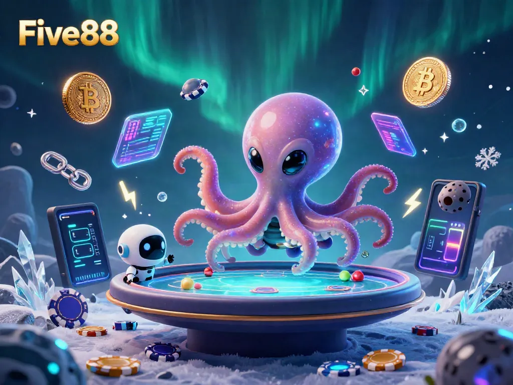 Experience the excitement of Five88 with a vibrant alien scene featuring poker elements and cryptocurrency themes.
