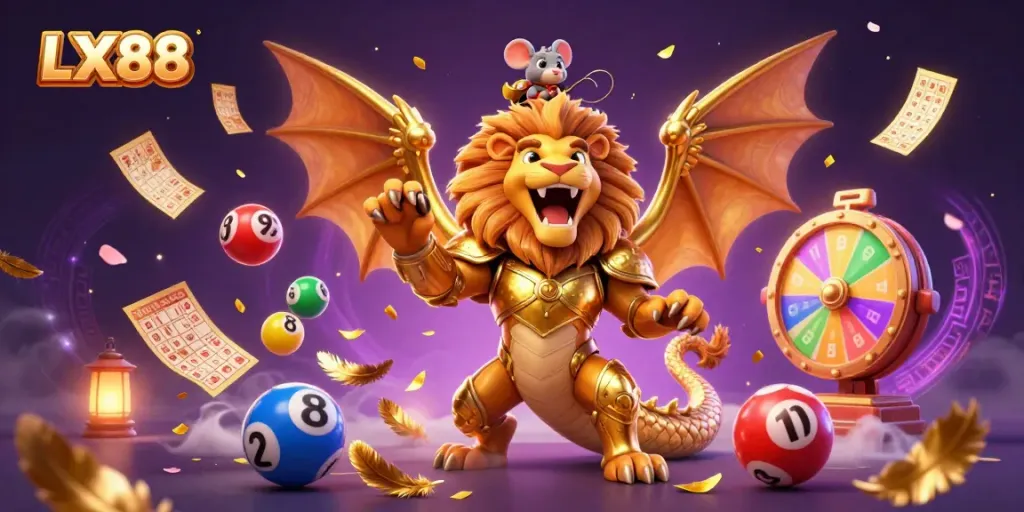 Experience the vibrant gaming world of LX88 with a chimera and mouse jockey amidst lottery excitement.