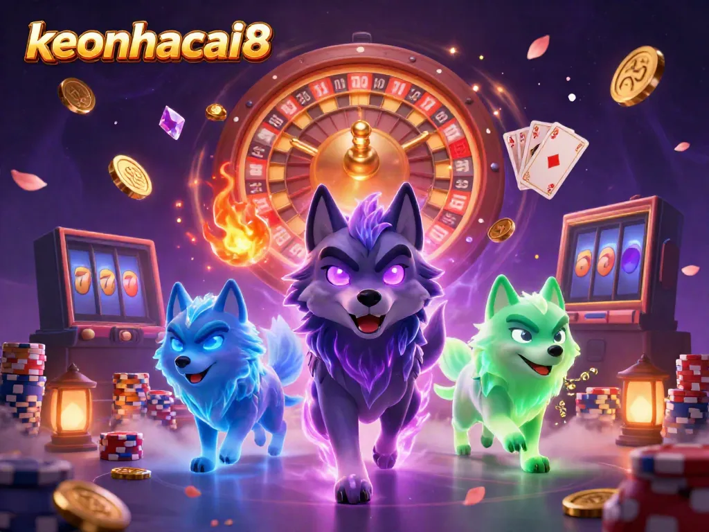 Experience the excitement of keonhacai8 with dynamic wolves and casino elements in a magical scene.