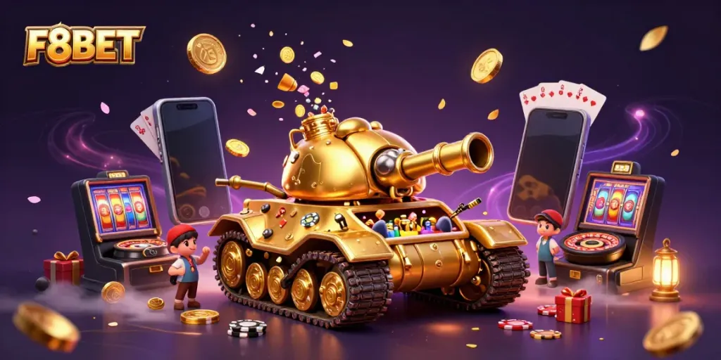 Experience excitement with F8BET's immersive casino world, featuring vibrant gambling elements.