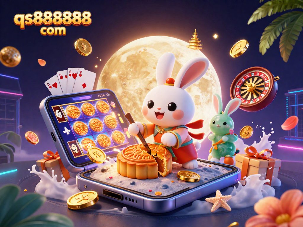 Experience the excitement of qs888888 com with a vibrant casino scene featuring a moon rabbit and slot games.