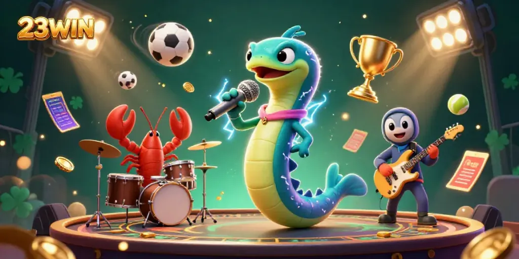 Experience the dynamic energy of 23WIN with this vibrant underwater casino scene featuring unique characters and gaming elements.