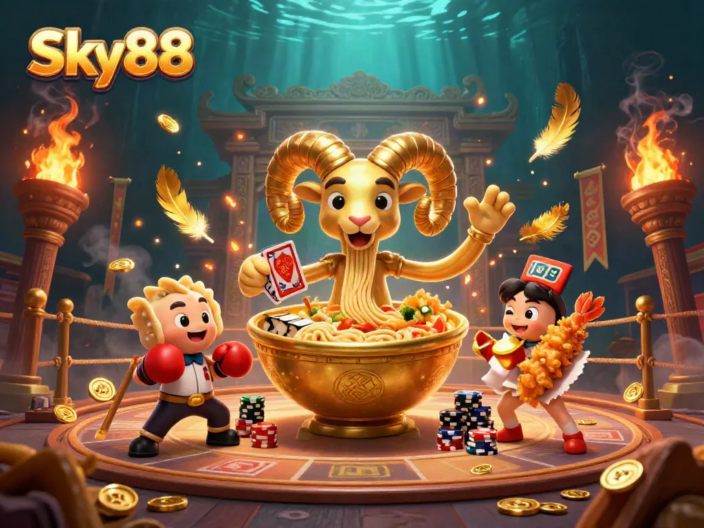 Engage with Sky88's vibrant 3D casino scene featuring a playful giant ramen bowl and its animated friends.