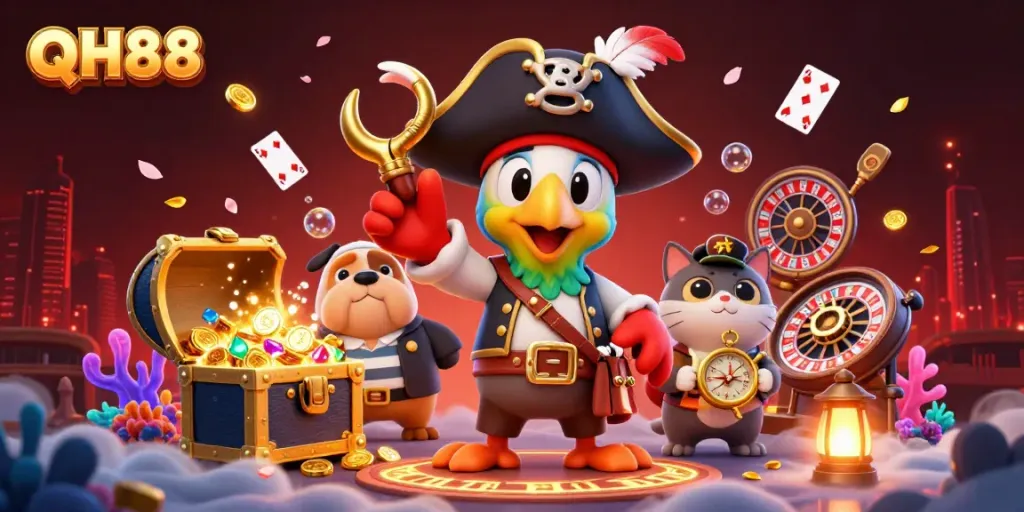 Engage with QH88's vibrant casino scene filled with treasures and dynamic game elements.
