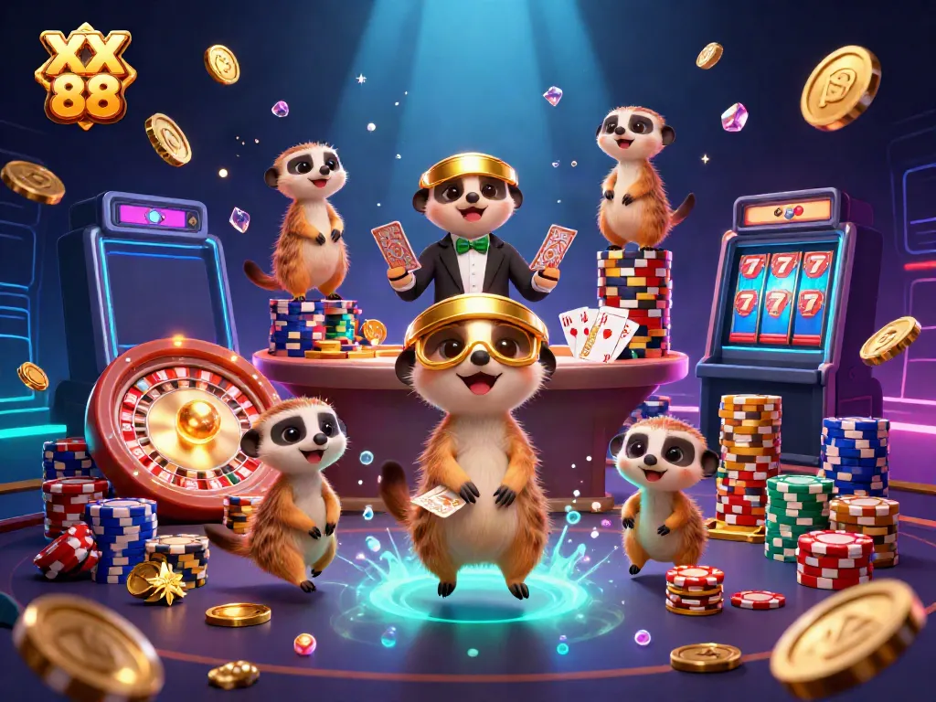 Experience the excitement of XX 88 casino with meerkats in action, dazzling coins, and vibrant game elements.