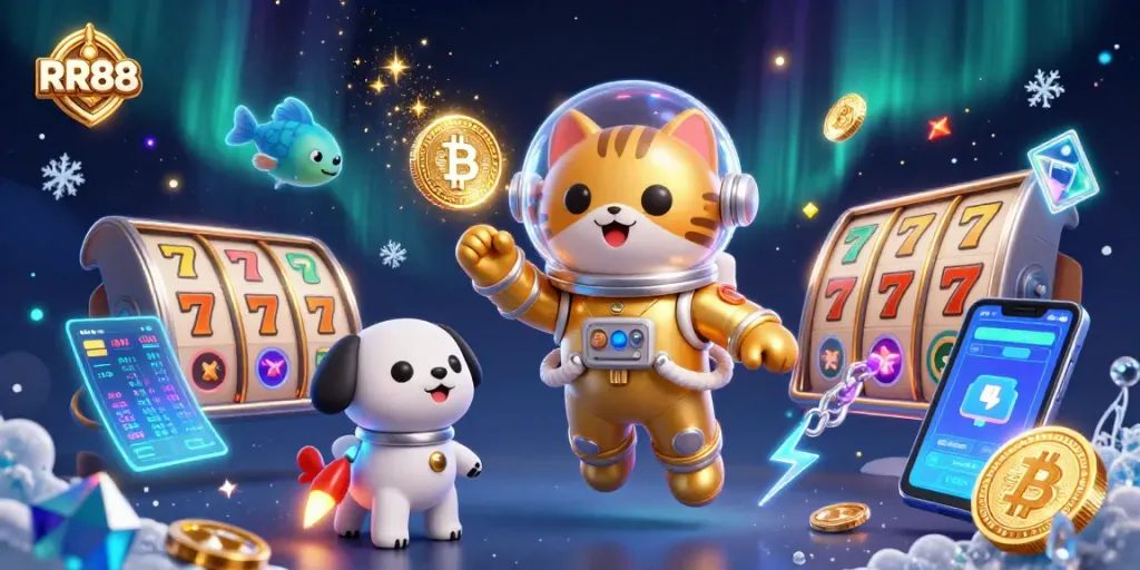Experience thrilling gameplay at RR88 with slot elements and space adventures in this dynamic 3D illustration.