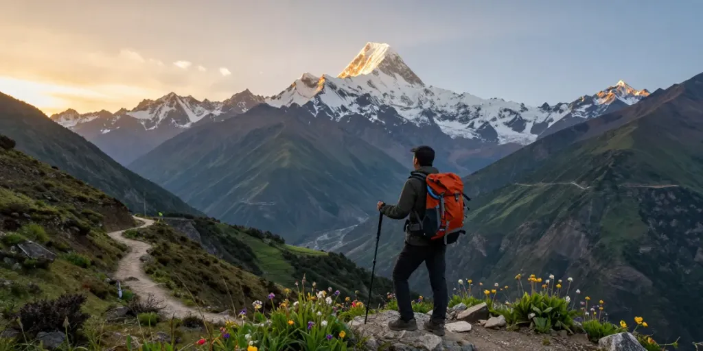 Vista del circuito Manaslu, viajero en el sendero con montañas y flores de fondo