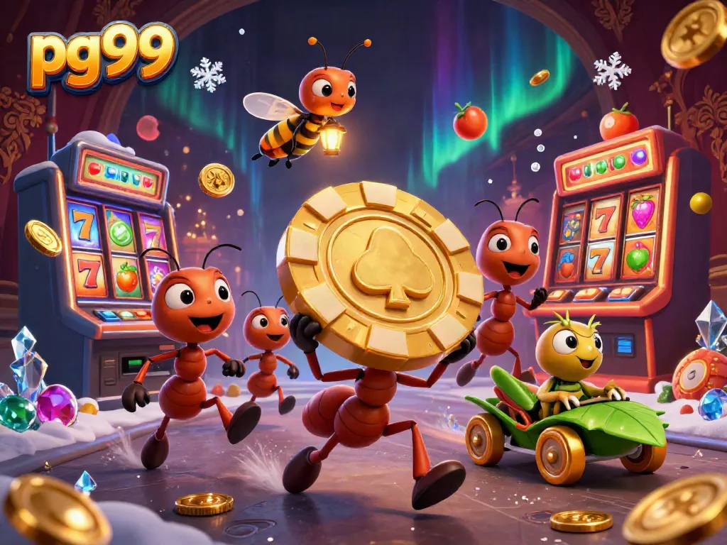 Engage with pg99 as ants steal a giant poker chip, amidst slot machines and golden coins.