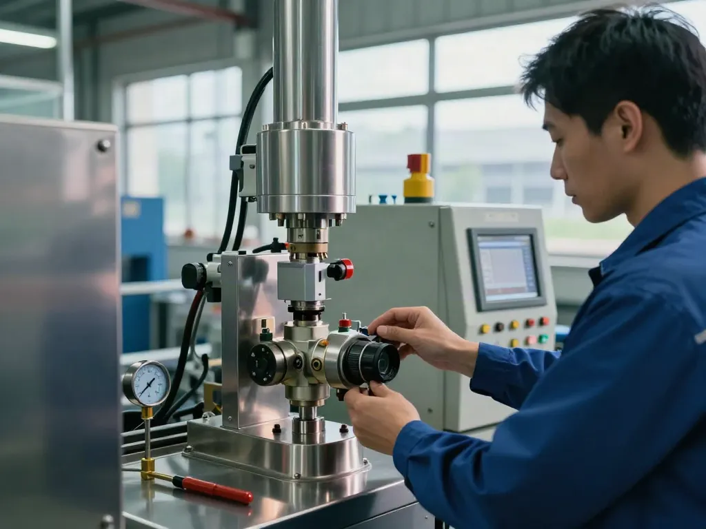 Expert pressure switch manufacturer calibrating high-precision equipment in an industrial setting.