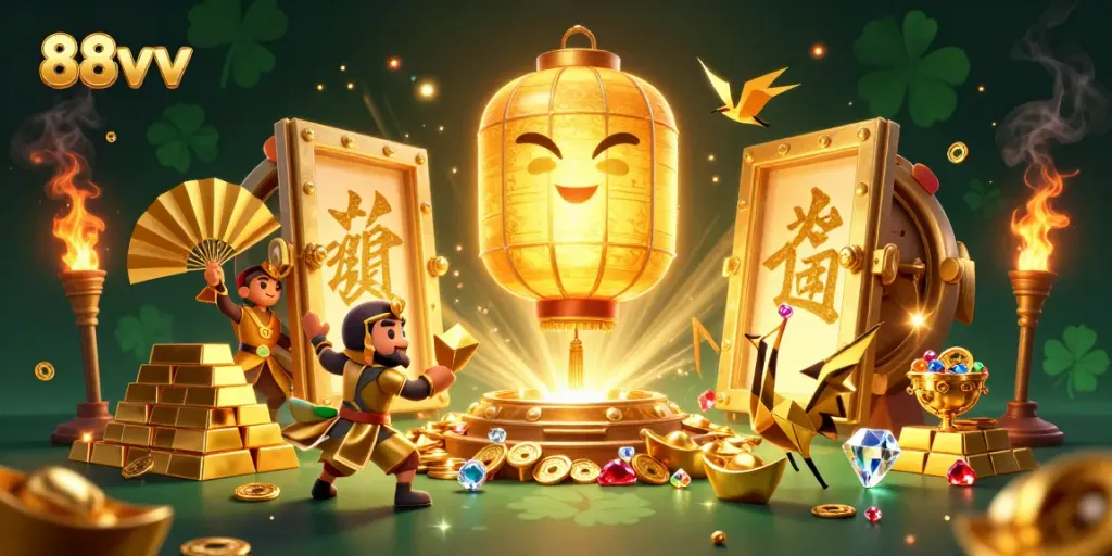 Experience winning action with 88vv, showcasing a vibrant casino scene filled with golden treasures and magical characters.