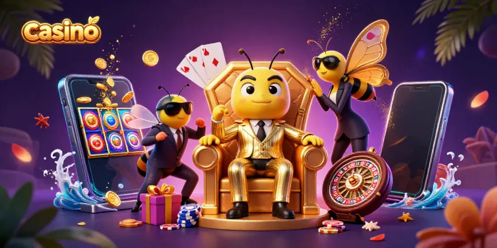 Casino scene with a bumblebee mob boss surrounded by gaming elements, showcasing excitement and glamour.