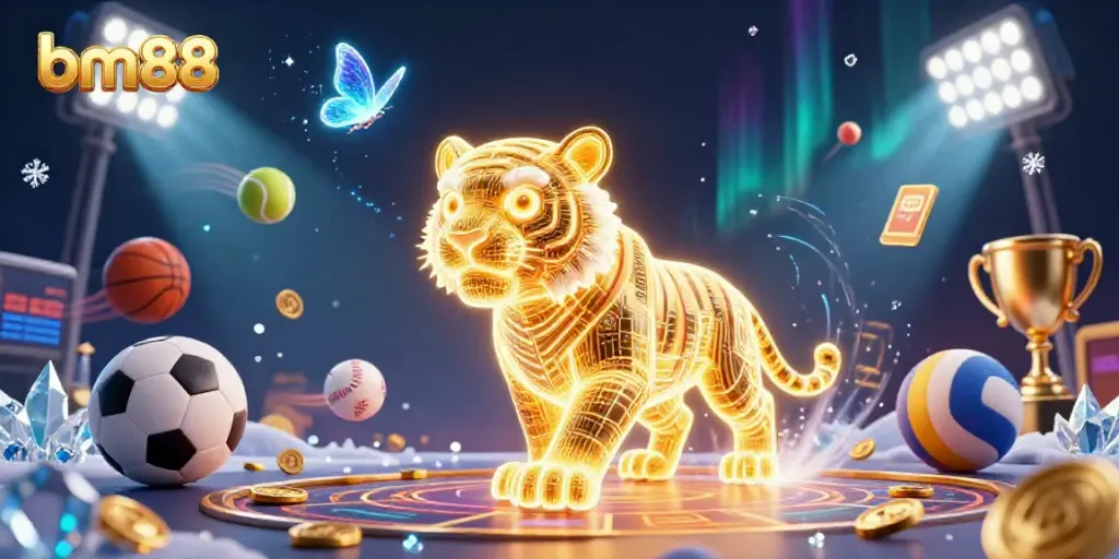Experience the thrill of bm88 with a dynamic casino scene featuring a glowing tiger and holographic elements.