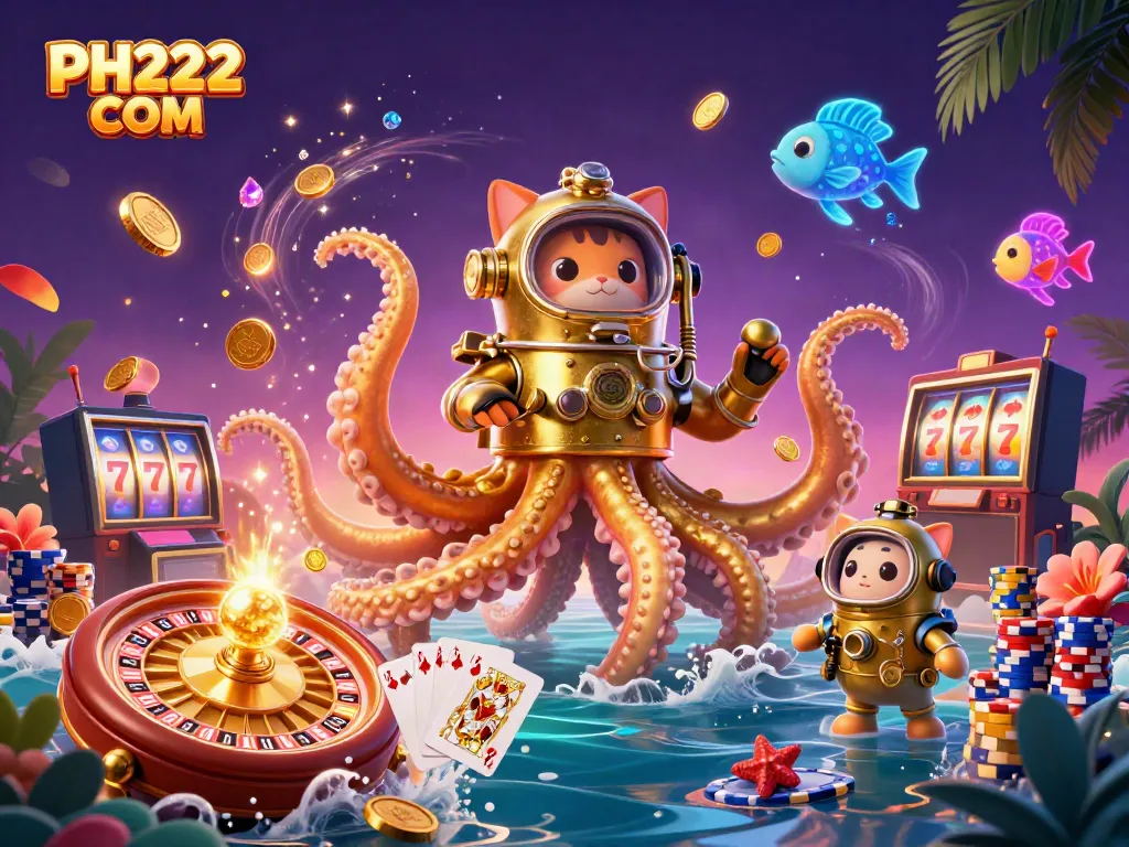 Engage with PH222 COM casino magic featuring a kraken, diving cat, and glowing fish.