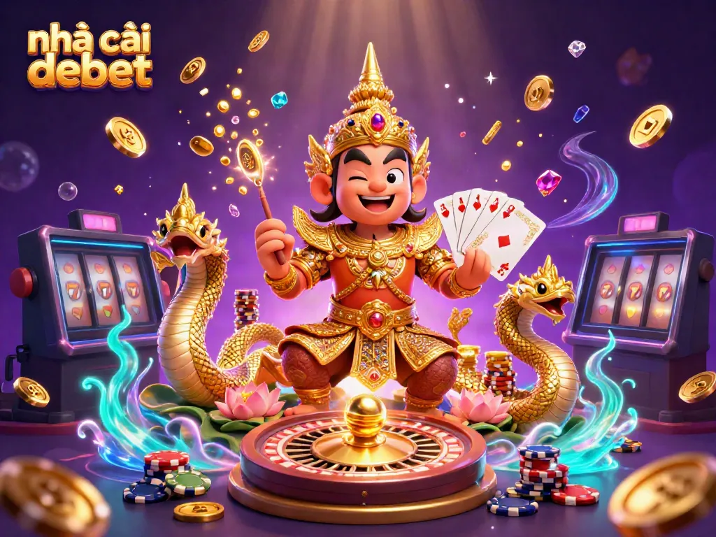 Experience the excitement at nhà cái debet with golden coins flying and vibrant gaming elements.