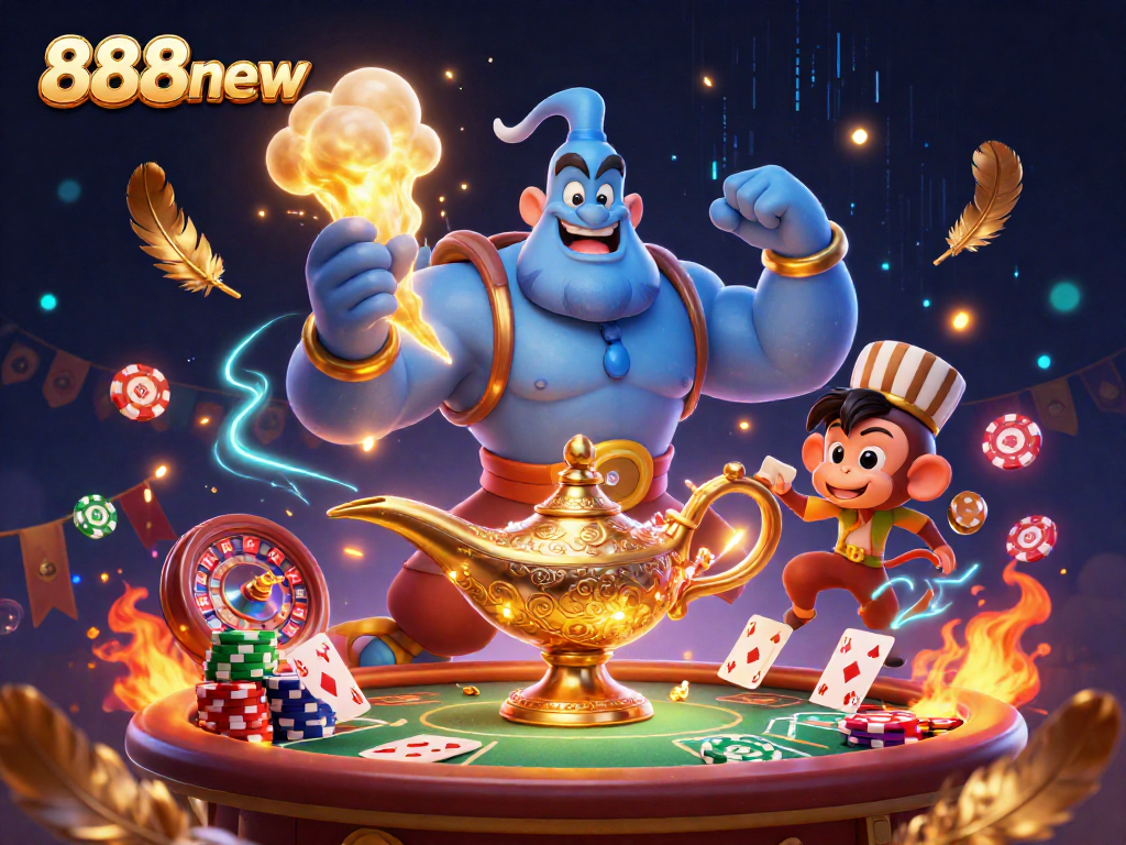 Engage in thrilling games at 888new featuring a vibrant genie and poker elements.