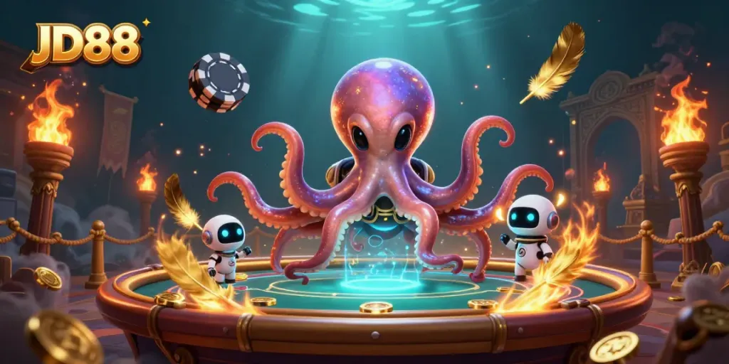 Experience exhilarating gameplay at JD88 with an alien octopus at a poker table surrounded by vibrant casino elements.