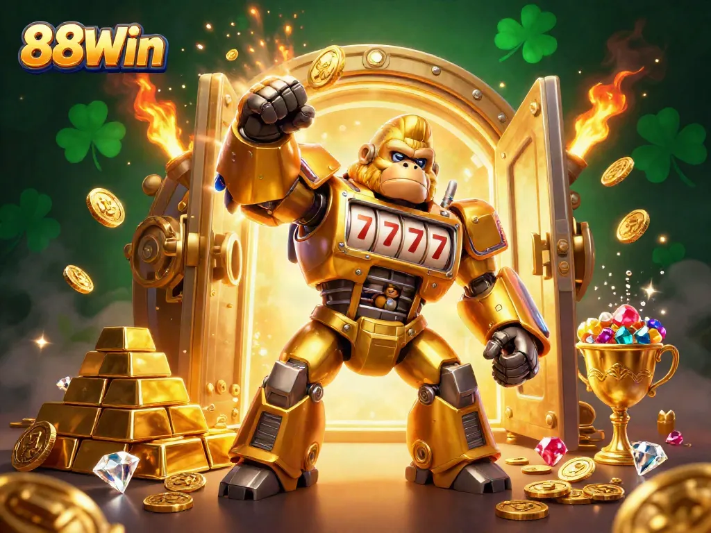 Experience thrilling wins with 88Win as dynamic animated characters erupt from treasure excitement in this captivating casino scene.