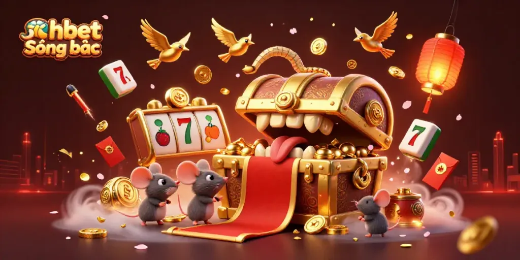 Engage with shbet Sòng bạc's vibrant gaming world featuring a golden chest and floating slot elements.