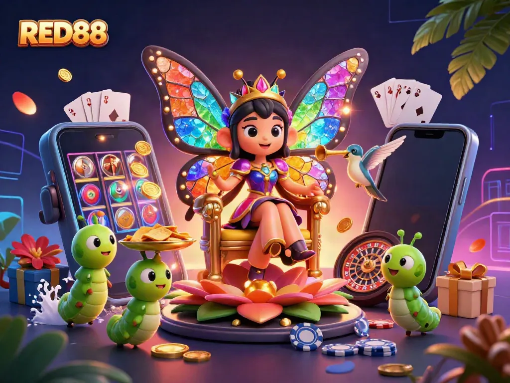 Experience the colorful world of RED88 with a royal butterfly queen amidst vibrant casino elements.
