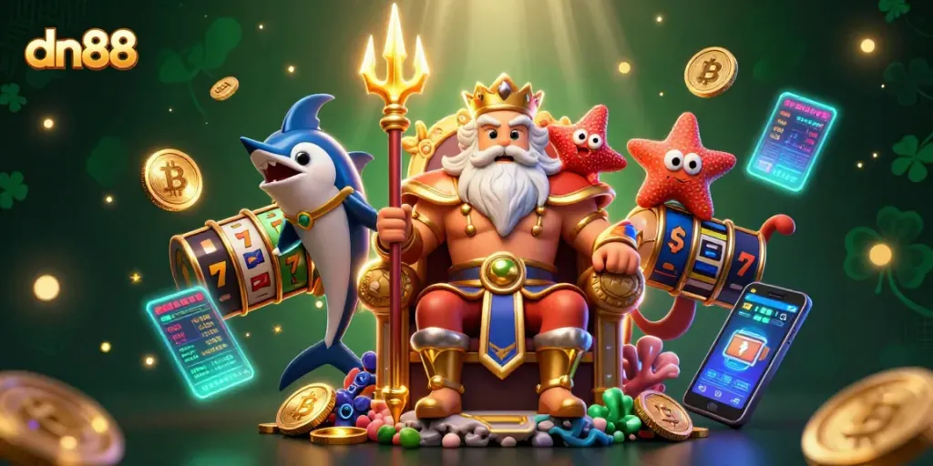 Win big with dn88 in this vibrant 3D casino scene showcasing Neptune and gaming elements