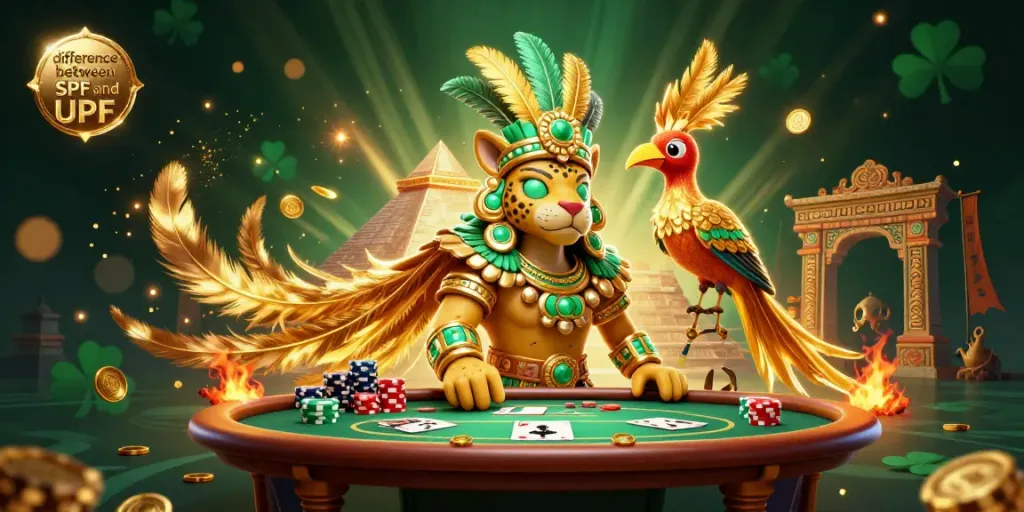 Dynamic casino scene illustrating the difference between SPF and UPF with gaming elements and 3D characters.