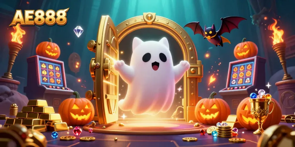 Engage in thrilling scenarios with AE888's friendly ghost cat and vampire bat in a lively casino.