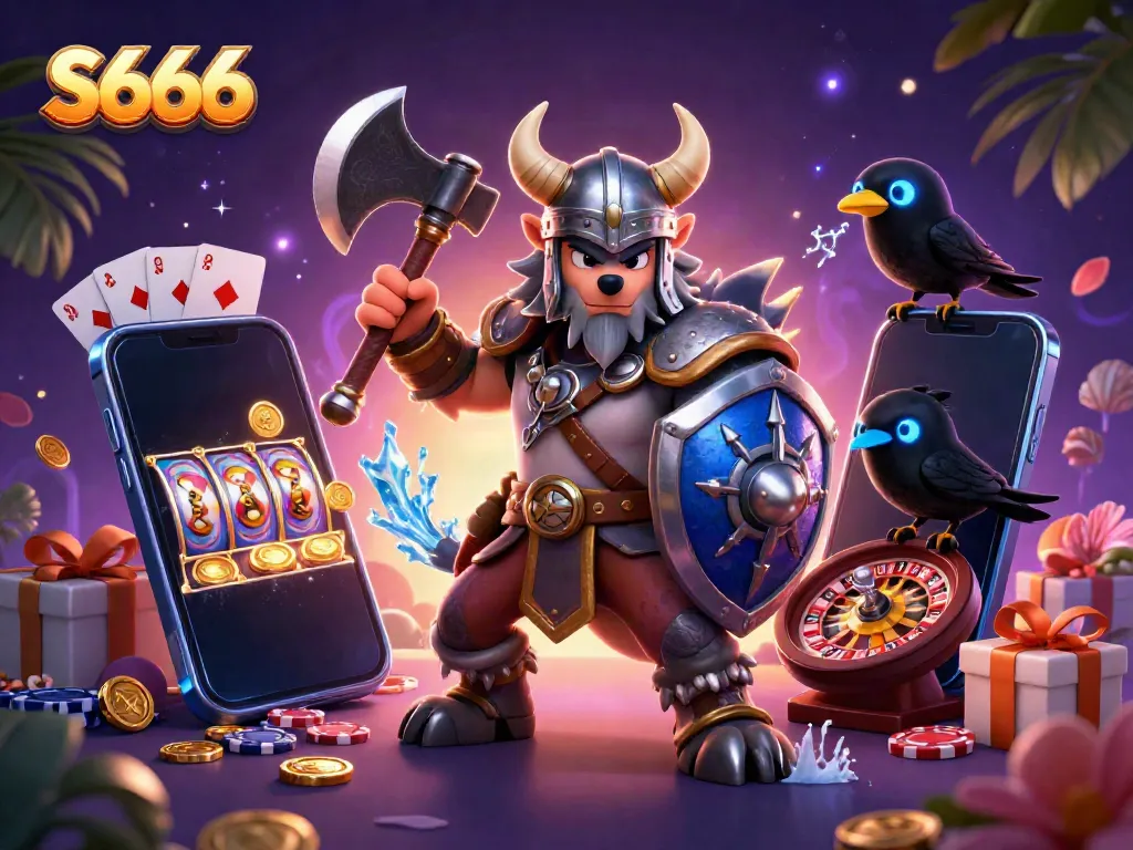 Experience the thrill of S666 with a Viking wolf warrior, dragon, and animated casino elements