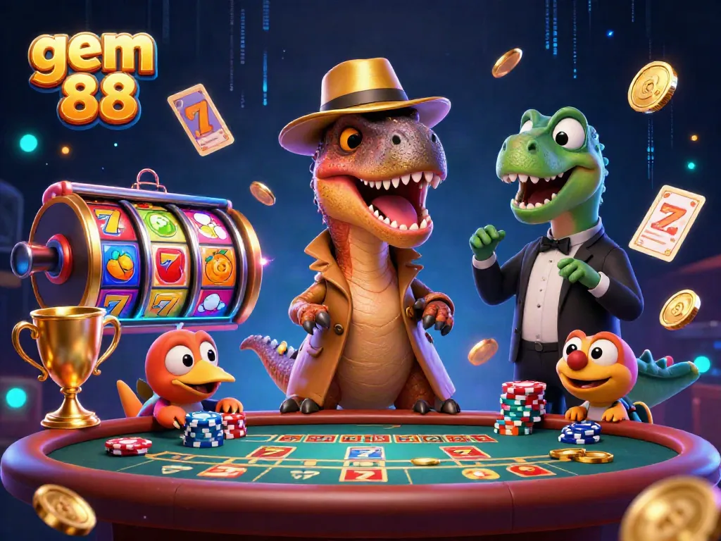 Experience thrilling gameplay at gem 88, featuring a velociraptor card counter and dynamic slot reels.